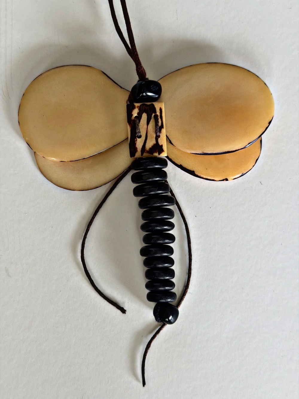 Tagua Nut Dragonfly Pendant Necklace – Vegetable Ivory – Adjustable Brown Cord